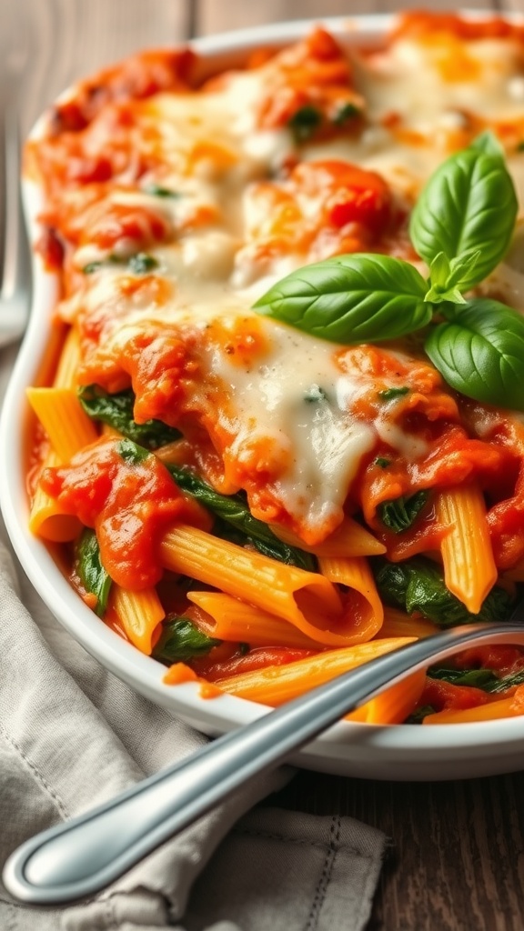 A cheesy baked ziti dish with spinach and marinara sauce, garnished with fresh basil on a rustic table.